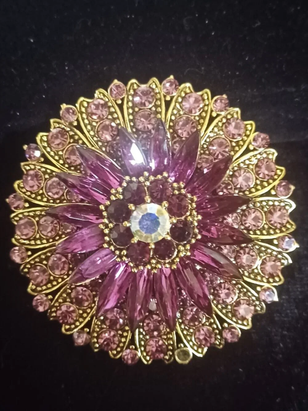 Elegant Purple Rhinestone and Gold Brooch